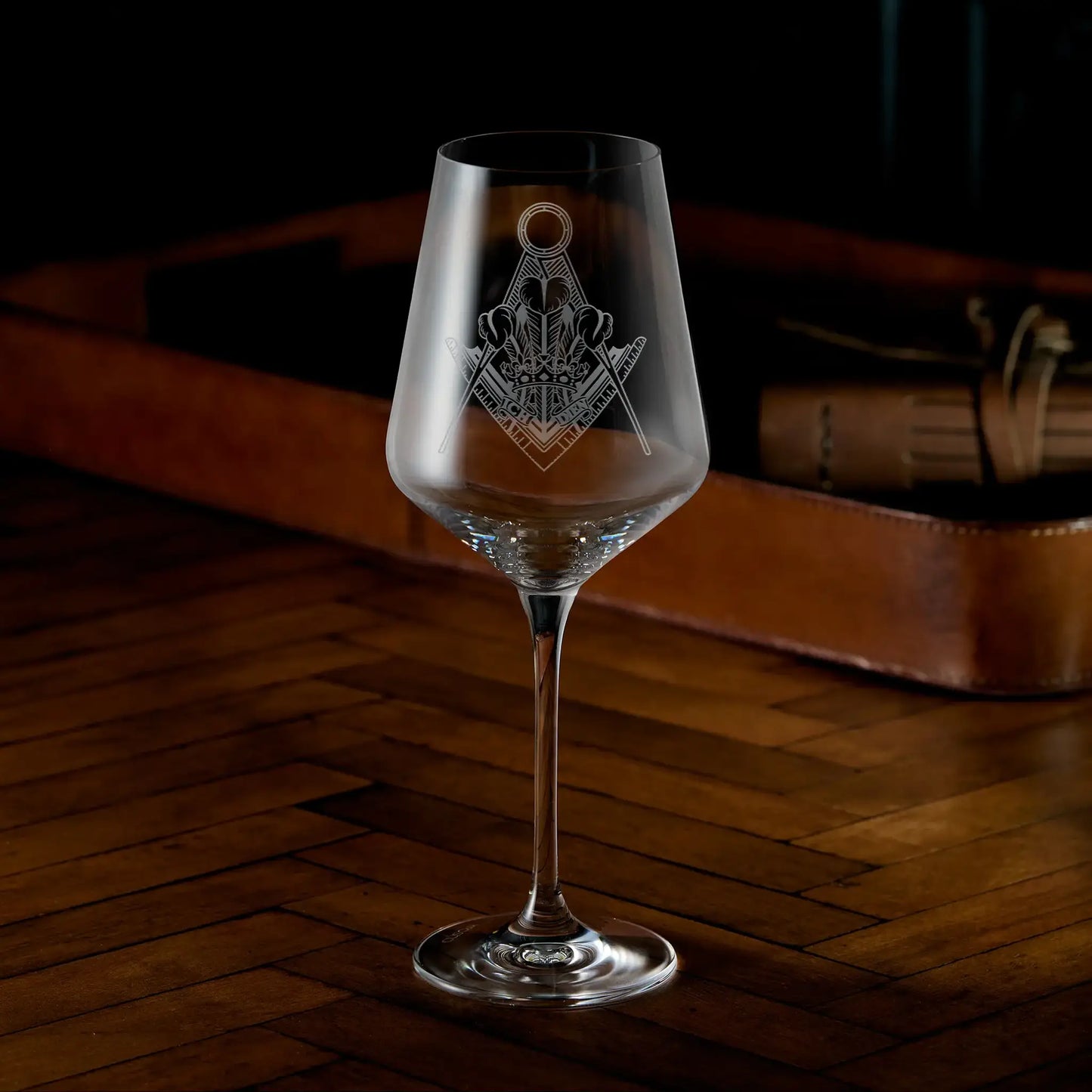Engraved wine glass personalised with Masonic lodge logo