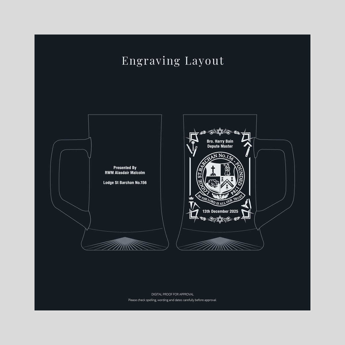 Engraving layout for a masonic lodge tankard with text and crest design
