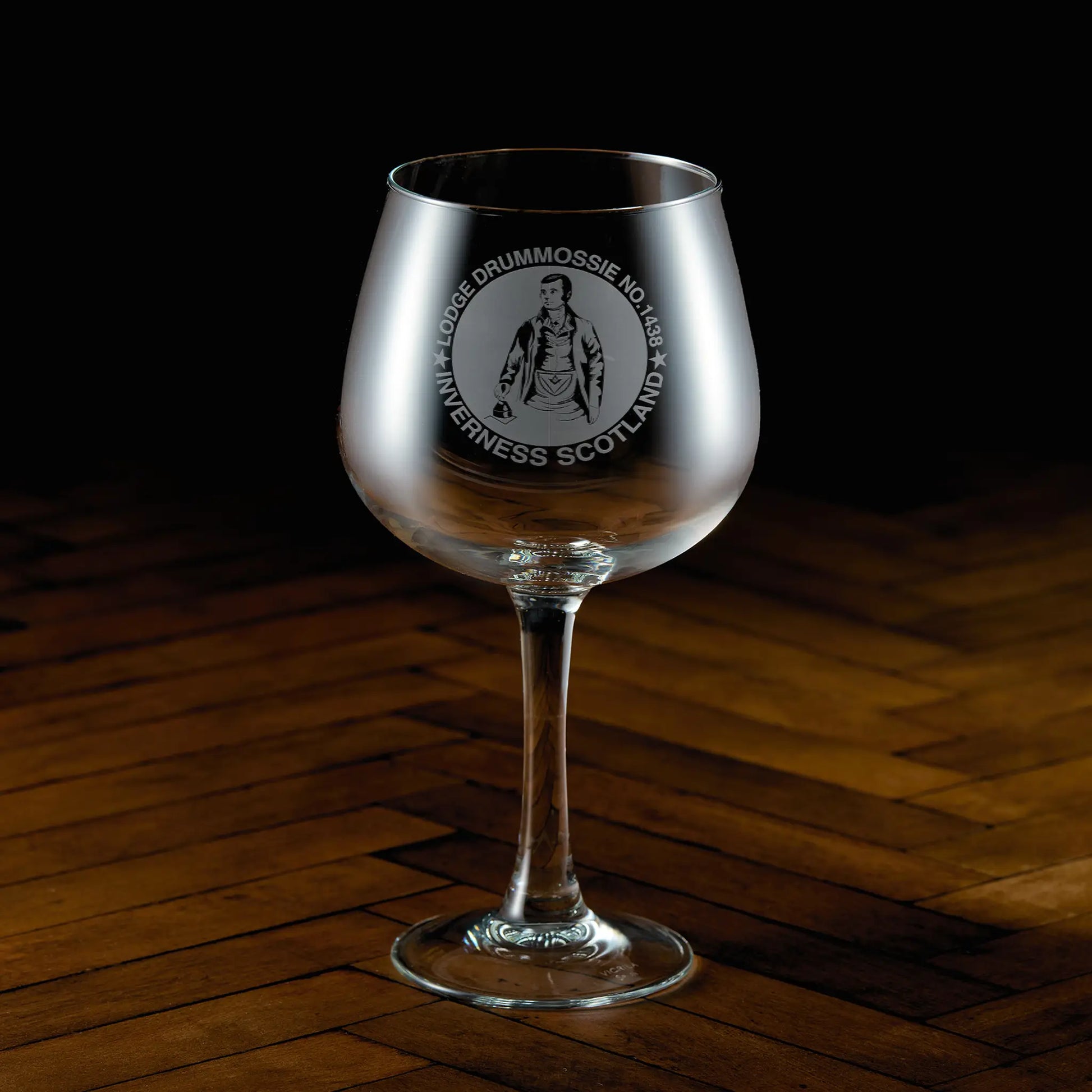 Engraved gin glass with personalised Masonic Lodge logo