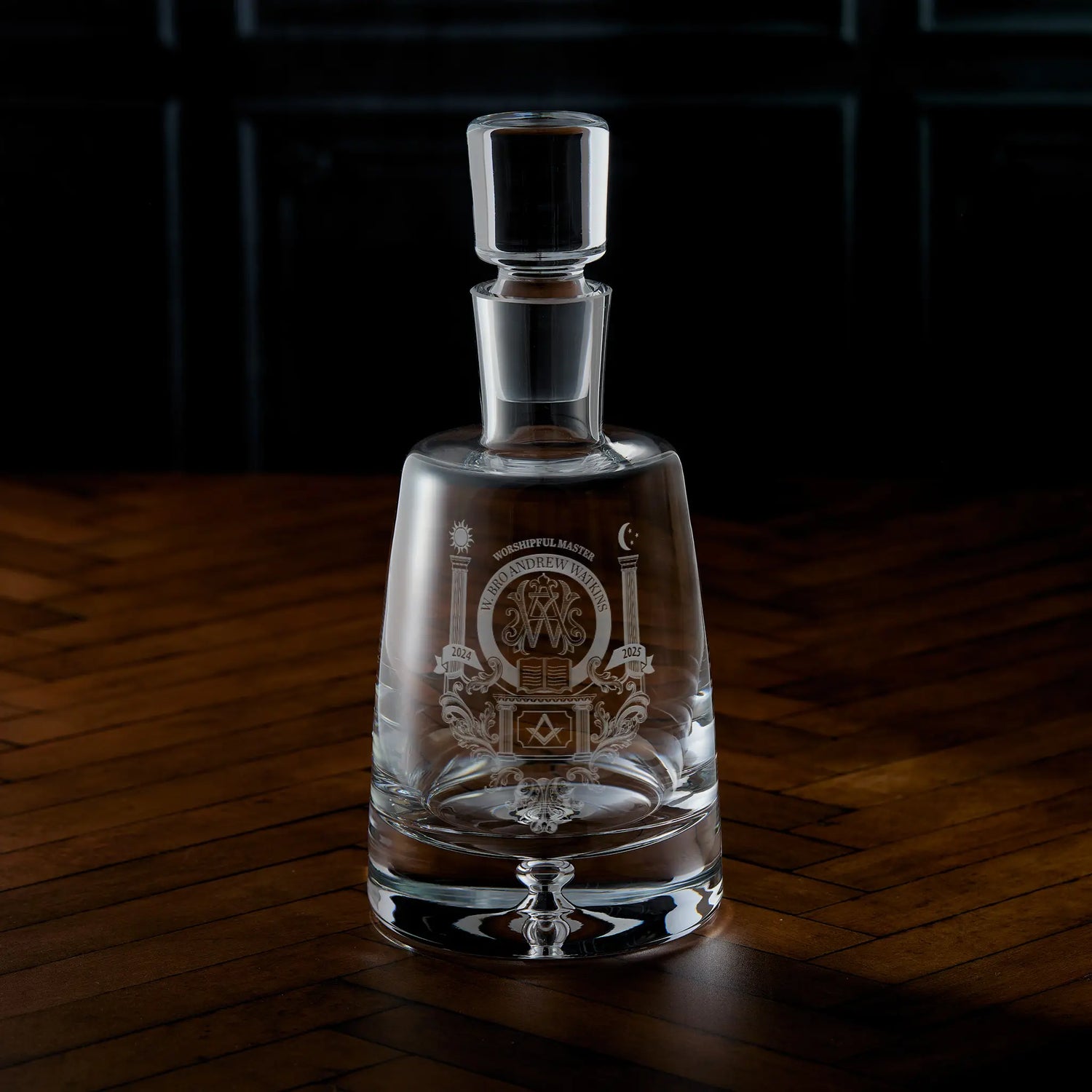 Engraved handmade spirit decanter with Masonic symbols and square & compass