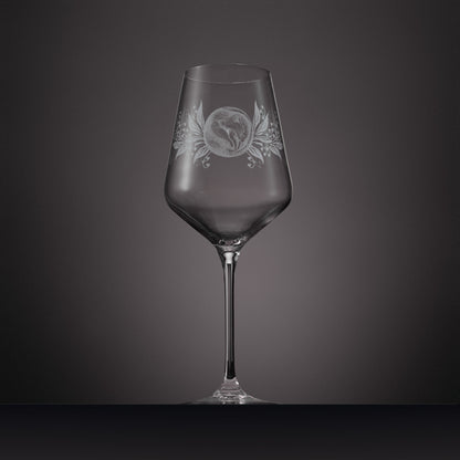 Engraved wine glass featuring Lily of the valley flowers and a sleeping dormouse