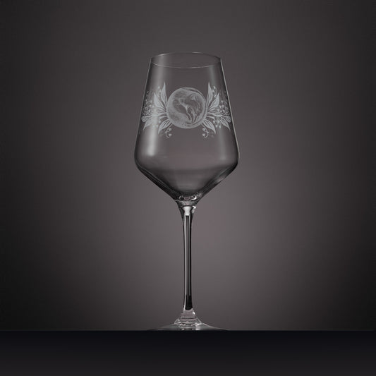 Engraved wine glass with Lily of the valley flowers and sleeping dormouse design