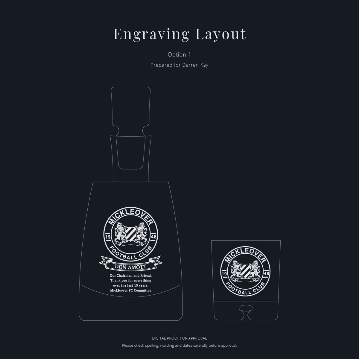 Football Club Crest engraving design prepared for decanter and whisky glass, shown as approval proof