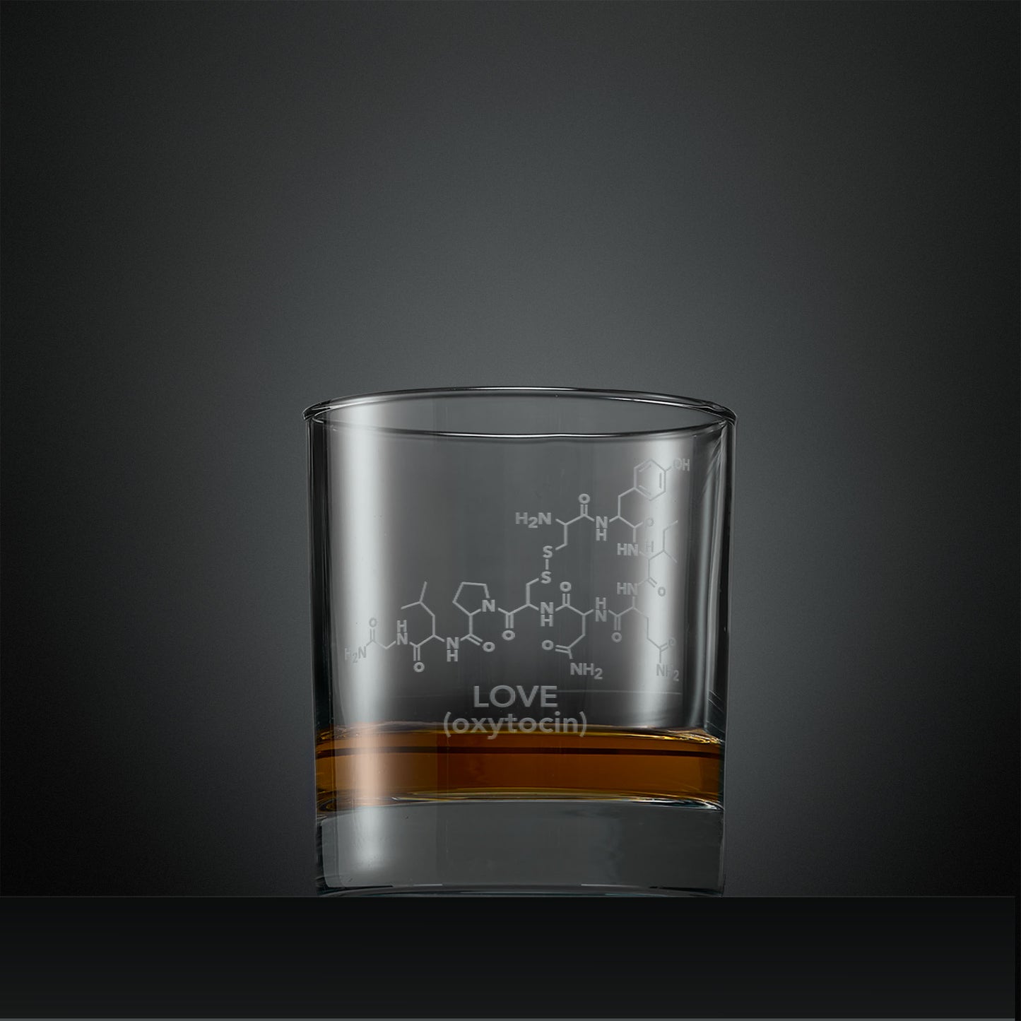 Engraved Whisky glass with molecular design and 'LOVE (oxytocin)' text