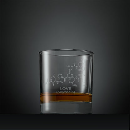 Engraved Whisky glass with molecular design and 'LOVE (oxytocin)' text