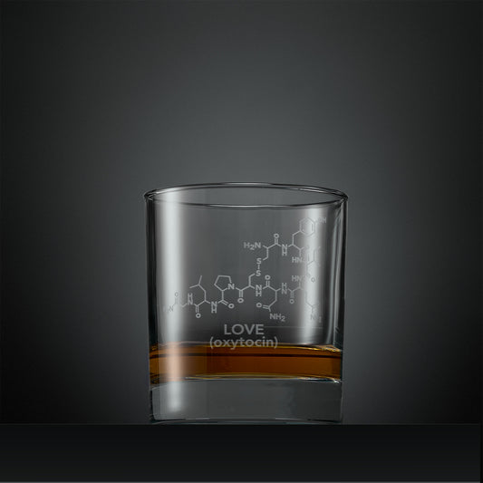 Engraved Whisky glass with molecular design and 'LOVE (oxytocin)' text