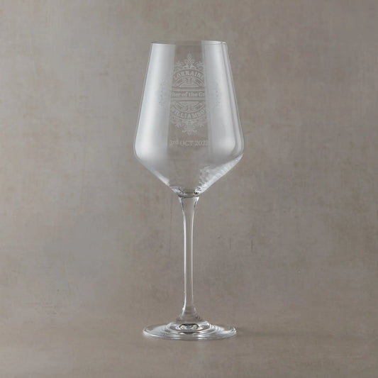 Personalised wine glass engraved with Mother of the groom text, name and date of wedding