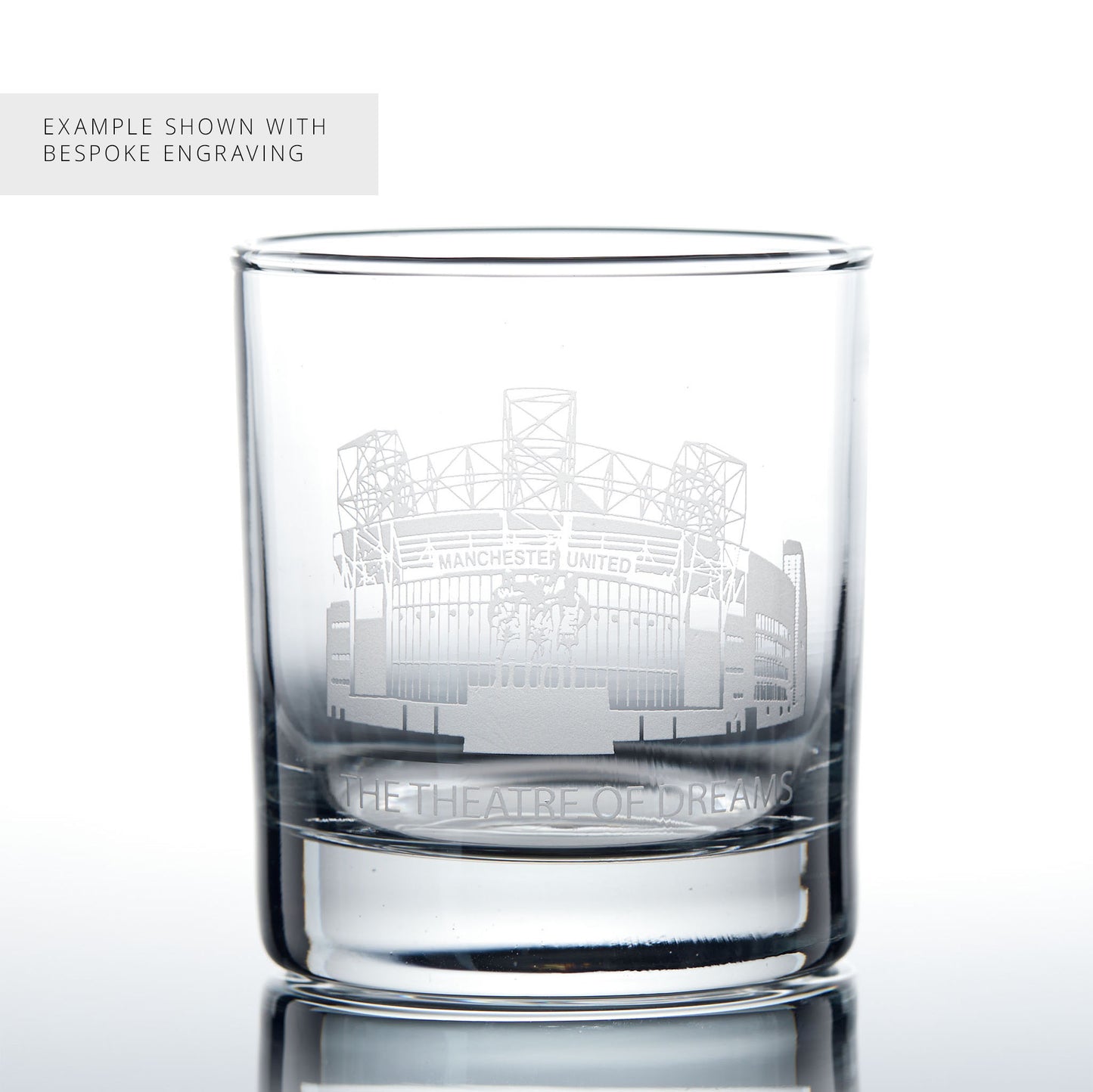 Example of bespoke engraving on a whisky glass featuring a line-art interpretation of Old Trafford.