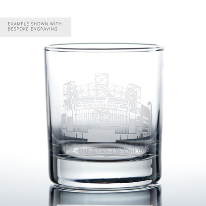Example of bespoke engraving on a whisky glass featuring a line-art interpretation of Old Trafford.