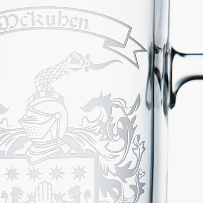 Family crest on heavy-base tankard — close-up deatail of traditional sandblasting for a lasting mark.