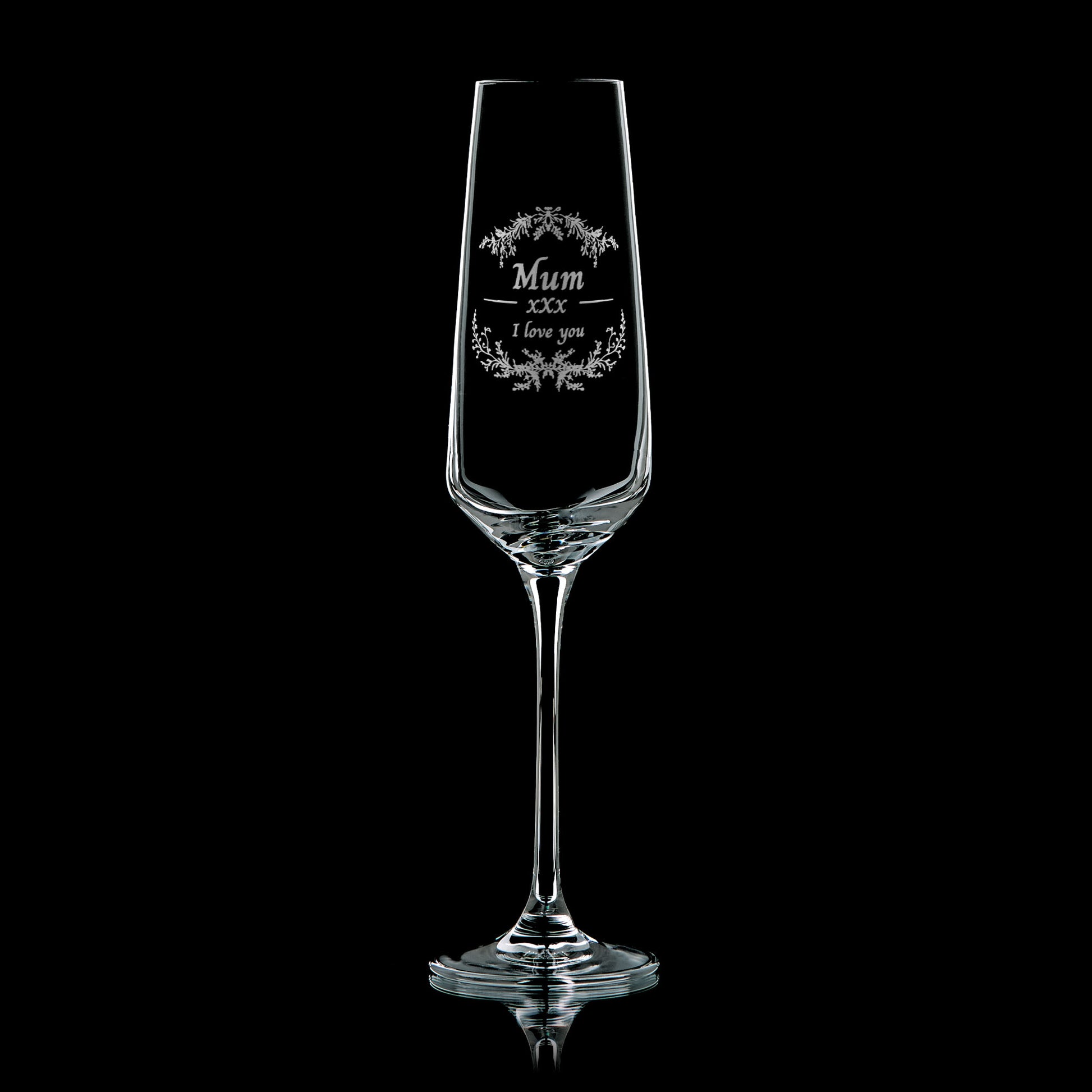 Champagne flute engraved with the words ‘Mum, I love you’ surrounded by delicate blossom branches