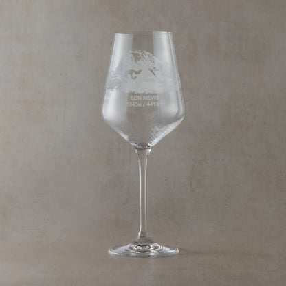 Engraved wine glass featuring a wraparound National Three Peaks design with Ben Nevis facing forward.