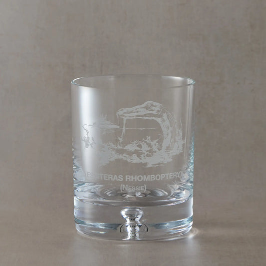 Loch Ness whisky glass with engraved Nessie design 