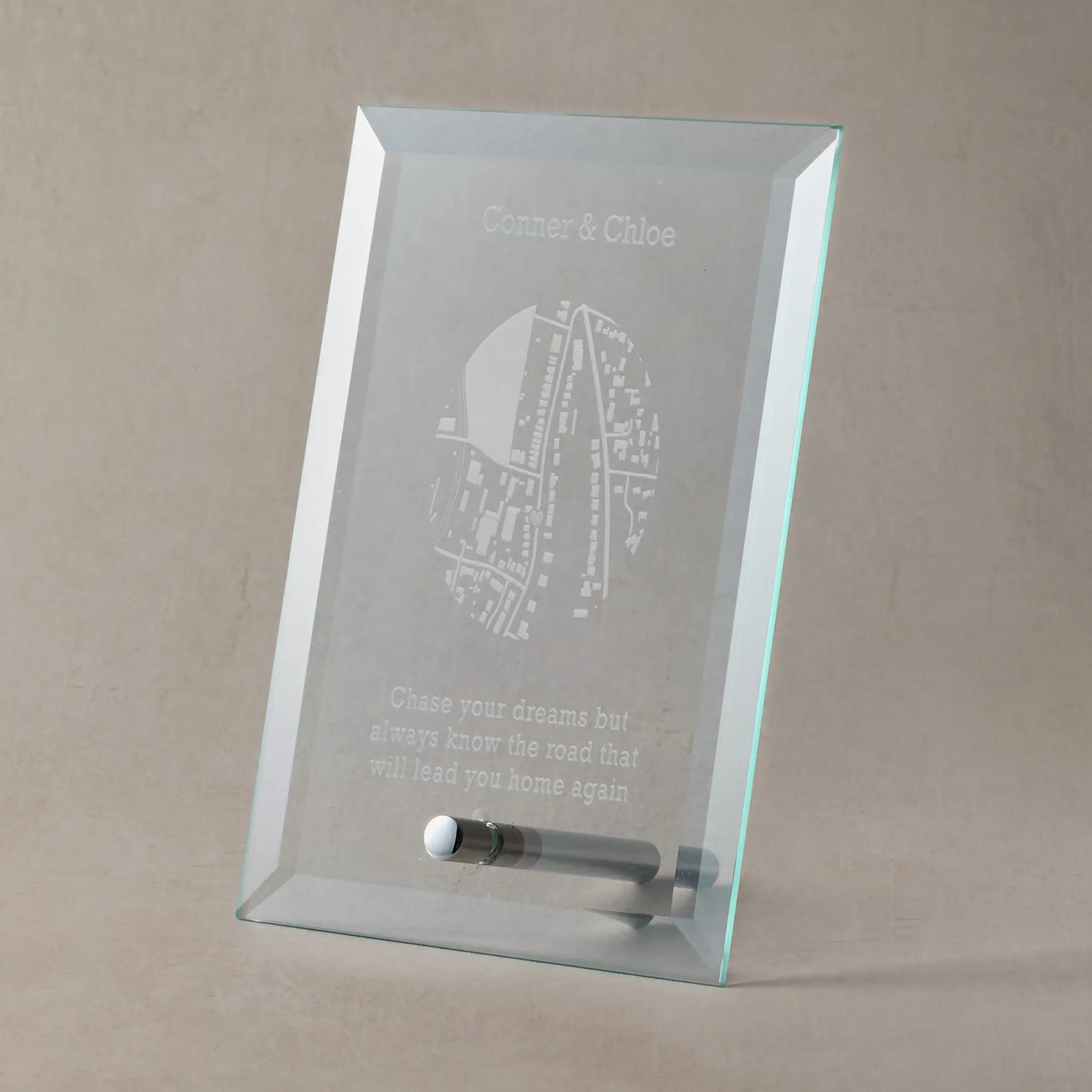 Engraved bevelled glass plaque with street map design