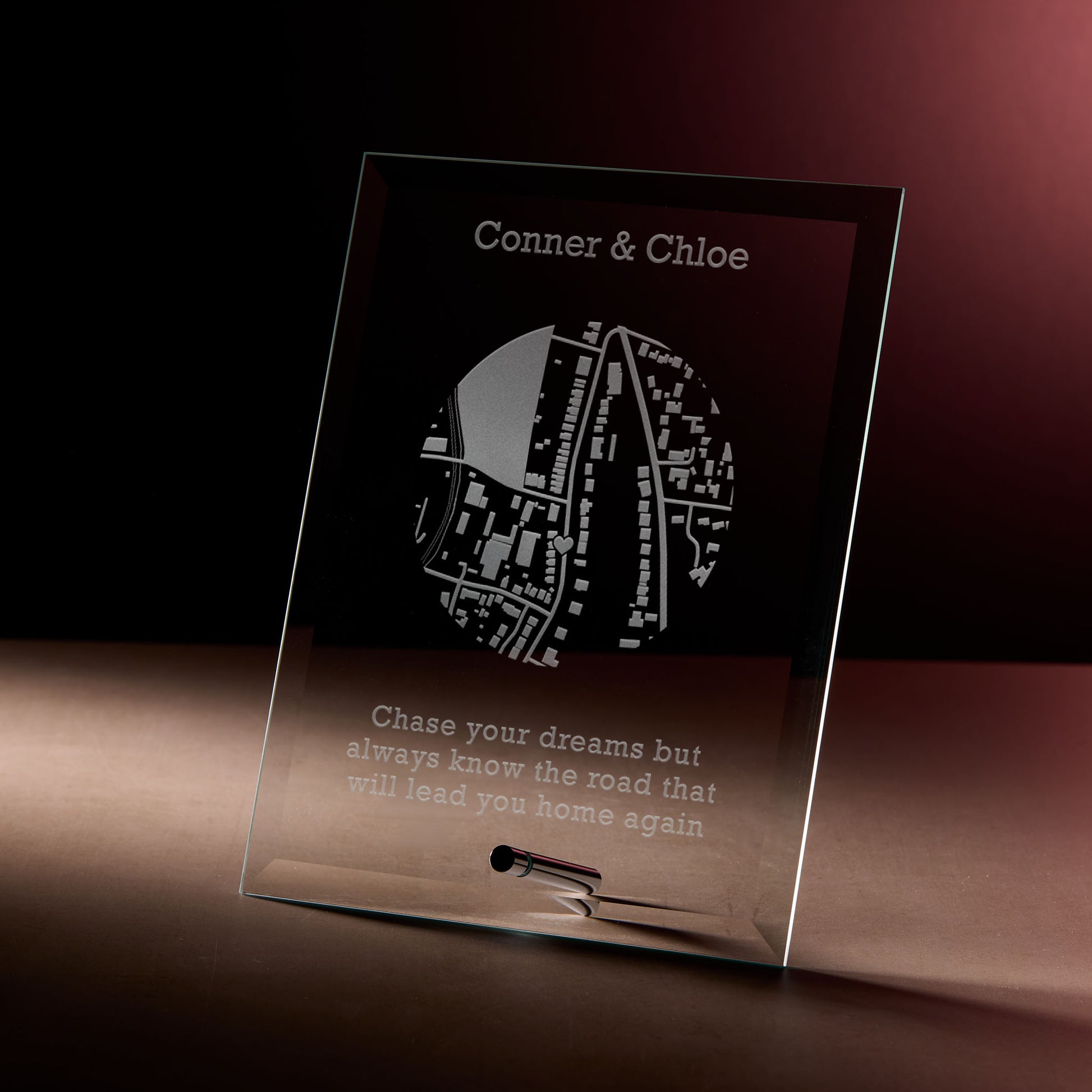 Engraved bevelled glass plaque with new home street map and personalised inscription