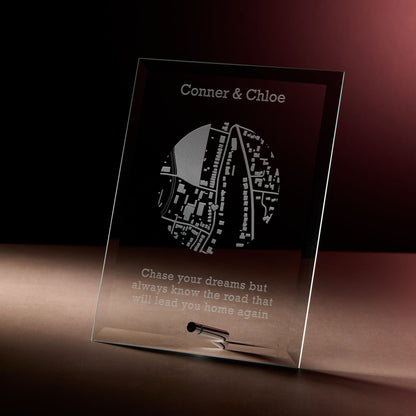 Engraved bevelled glass plaque with new home street map and personalised inscription