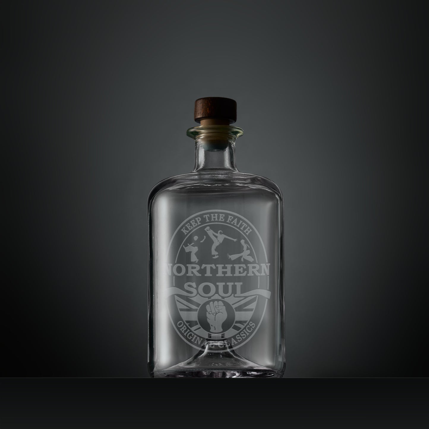 Engraved apothecary style decanter with Northern Soul dancers and clenched fist design