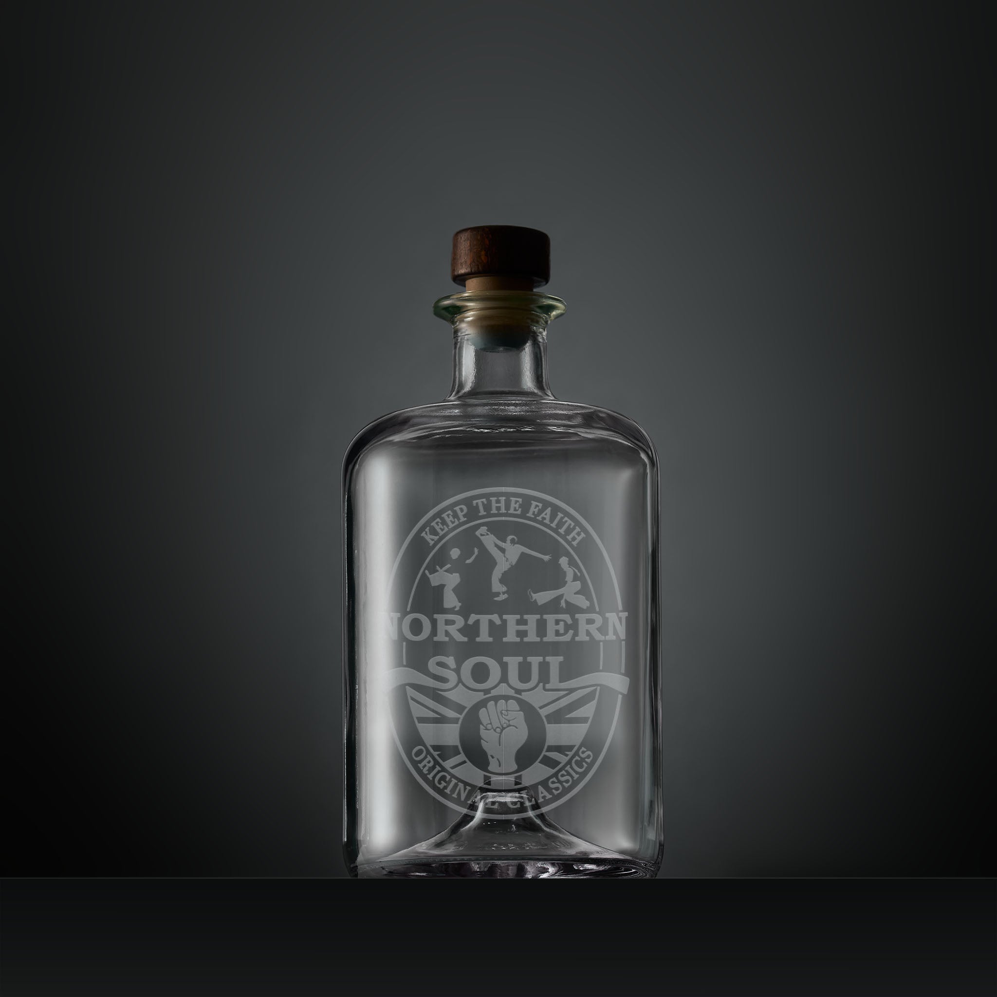 Engraved apothecary style decanter with Northern Soul dancers and clenched fist design
