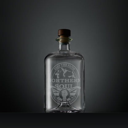Engraved apothecary style decanter with Northern Soul dancers and clenched fist design