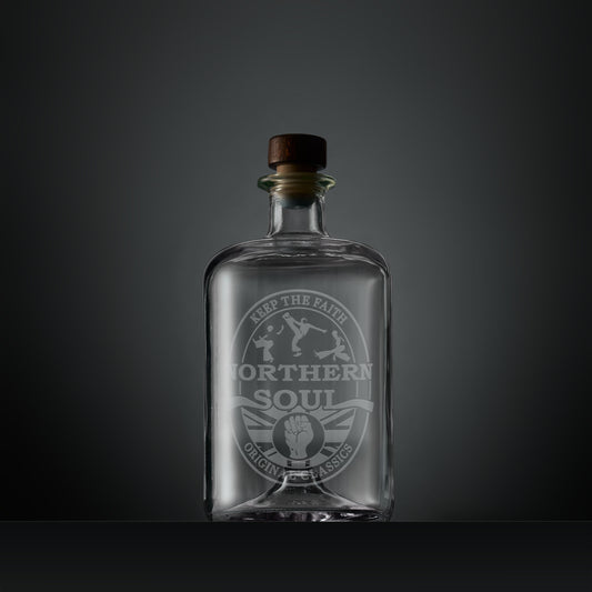 Engraved apothecary style decanter with Northern Soul dancers and clenched fist design