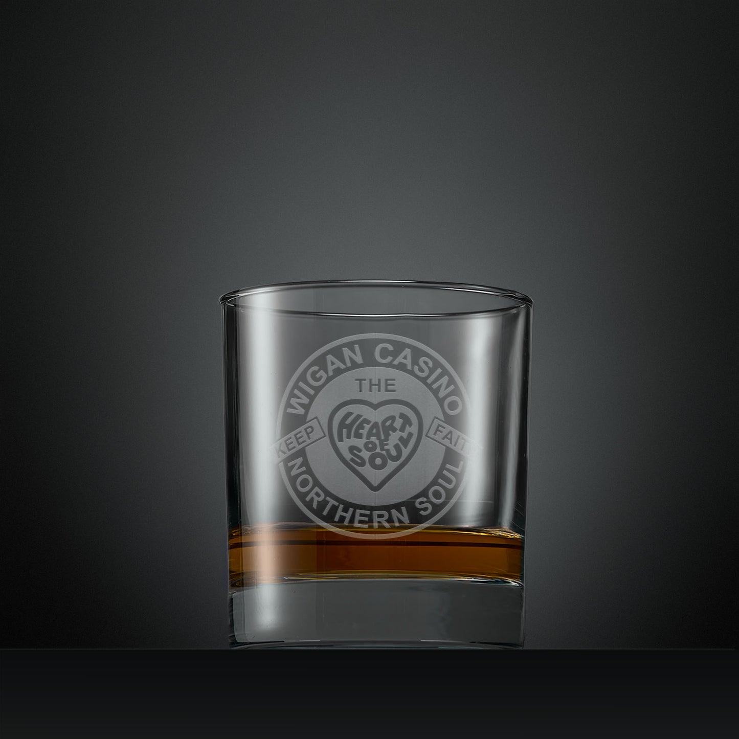 Engraved whisky glass with Wigan Casino patch design and the words “Heart and Soul” and “Keep the Faith”