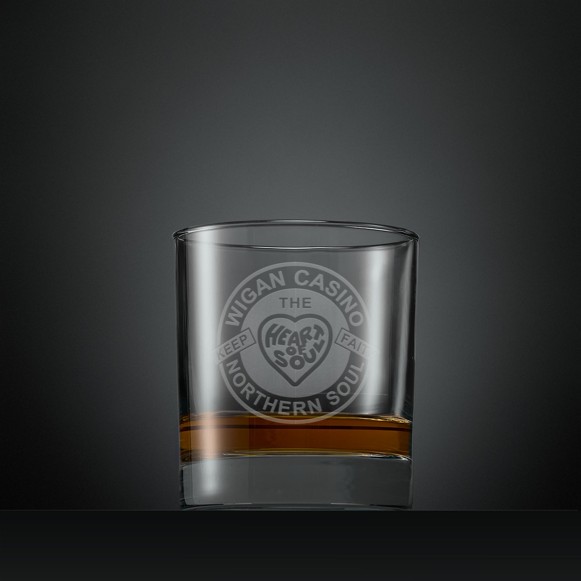 Engraved whisky glass with Wigan Casino patch design and the words “Heart and Soul” and “Keep the Faith”