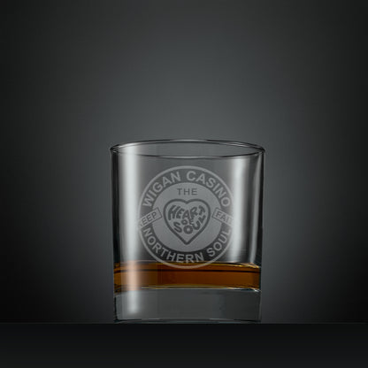 Engraved whisky glass with Wigan Casino patch design and the words “Heart and Soul” and “Keep the Faith”