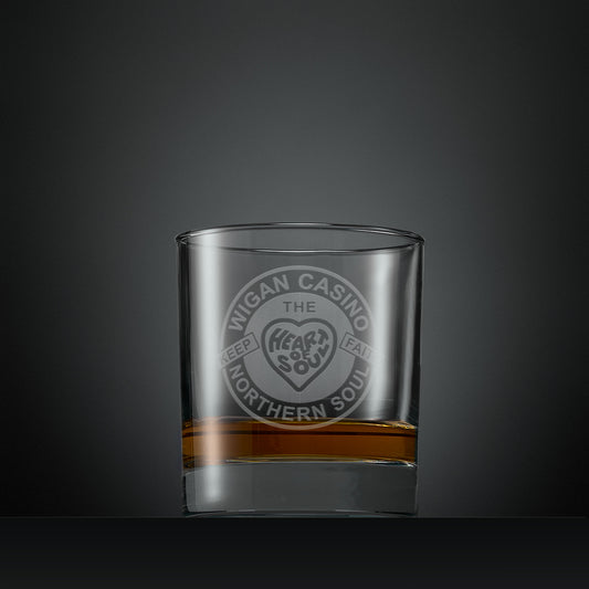Engraved whisky glass with Wigan Casino patch design and the words “Heart and Soul” and “Keep the Faith”