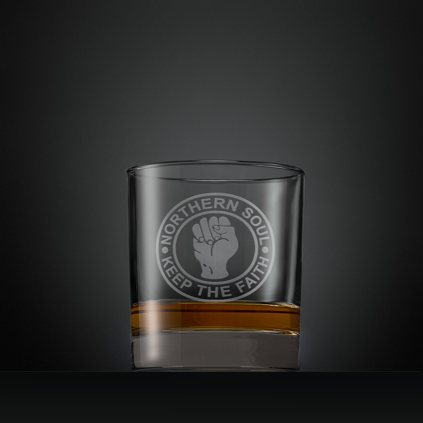 Engraved whisky glass featuring the Norther Soul clenched fist design