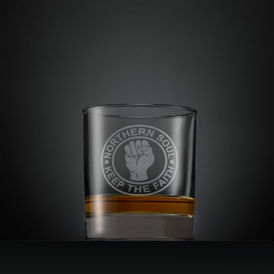 Engraved whisky glass featuring the Norther Soul clenched fist design
