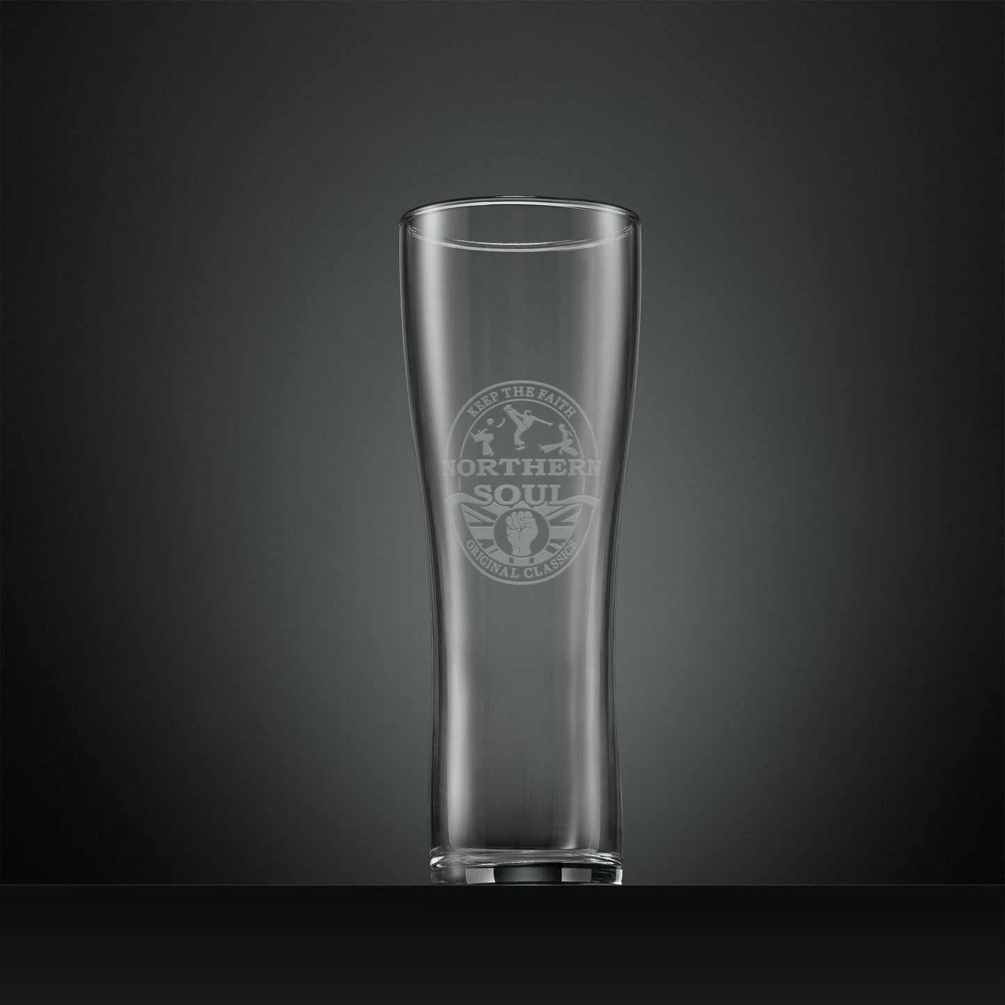 Engraved pint glass with Northern Soul dancers and clenched fist design