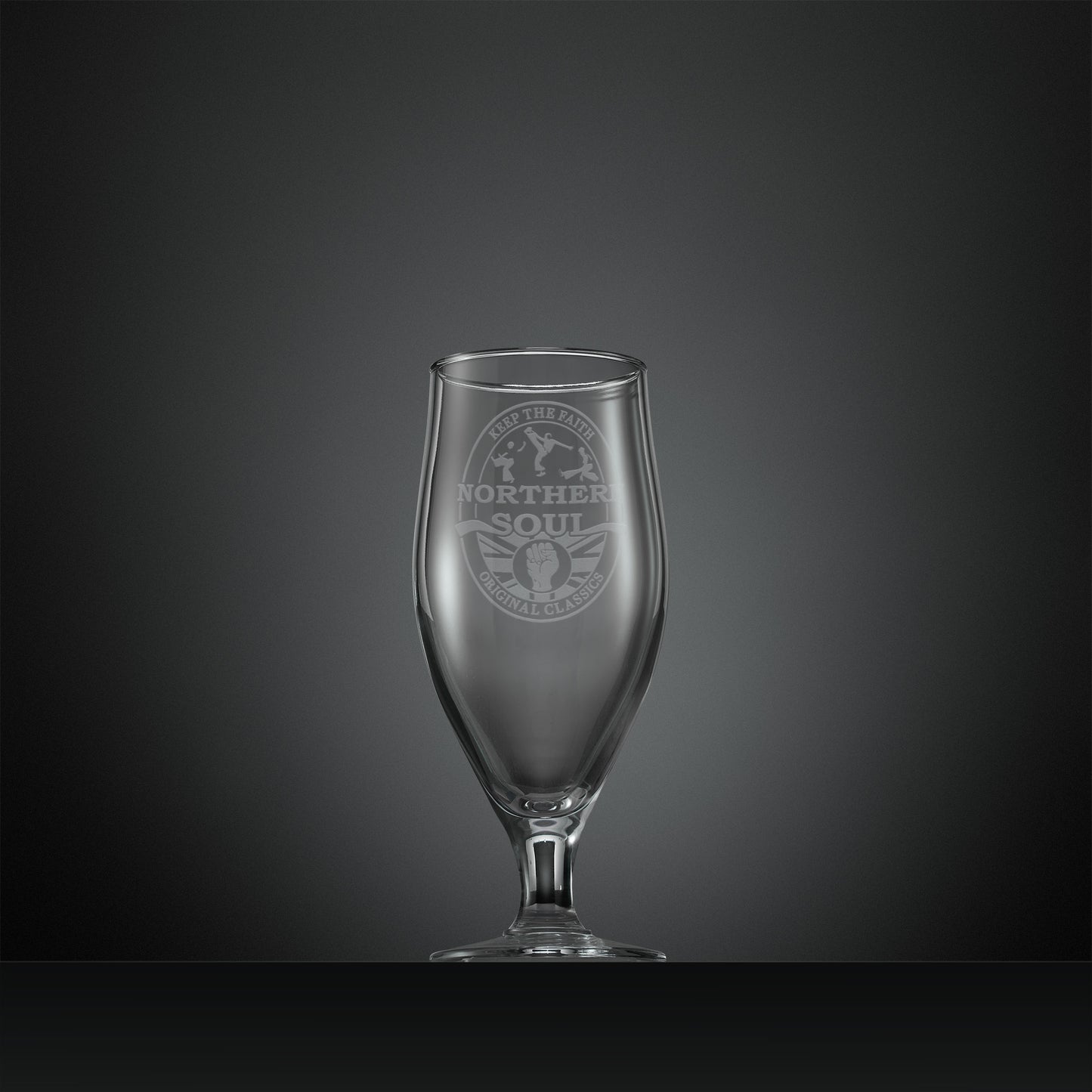 Engraved stemmed beer glass with Northern Soul dancers and clenched fist design