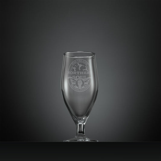 Engraved stemmed beer glass with Northern Soul dancers and clenched fist design