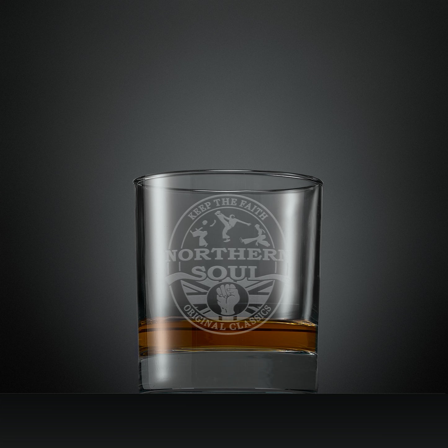 Engraved whisky glass with Northern Soul dancers and clenched fist design