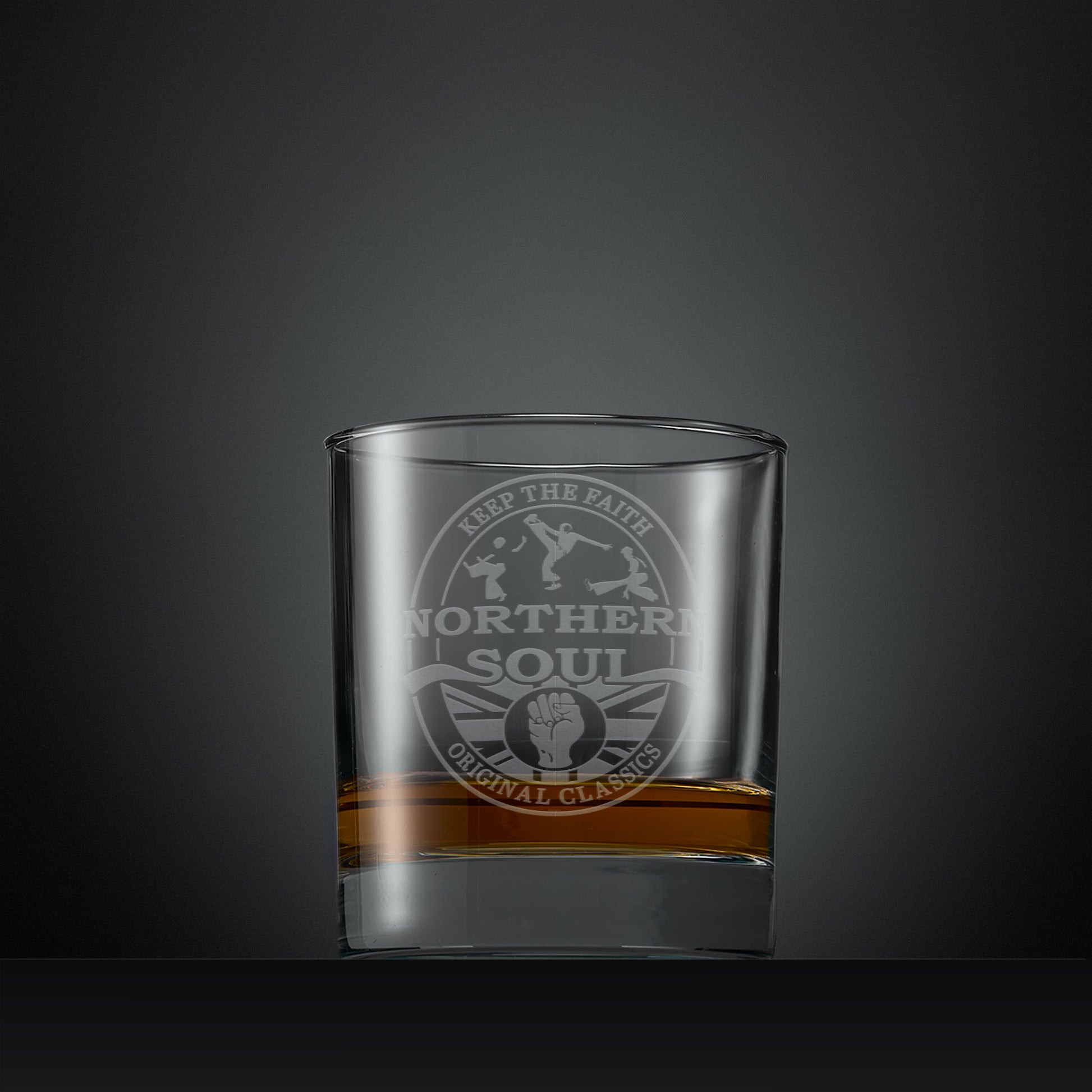 Engraved whisky glass with Northern Soul dancers and clenched fist design