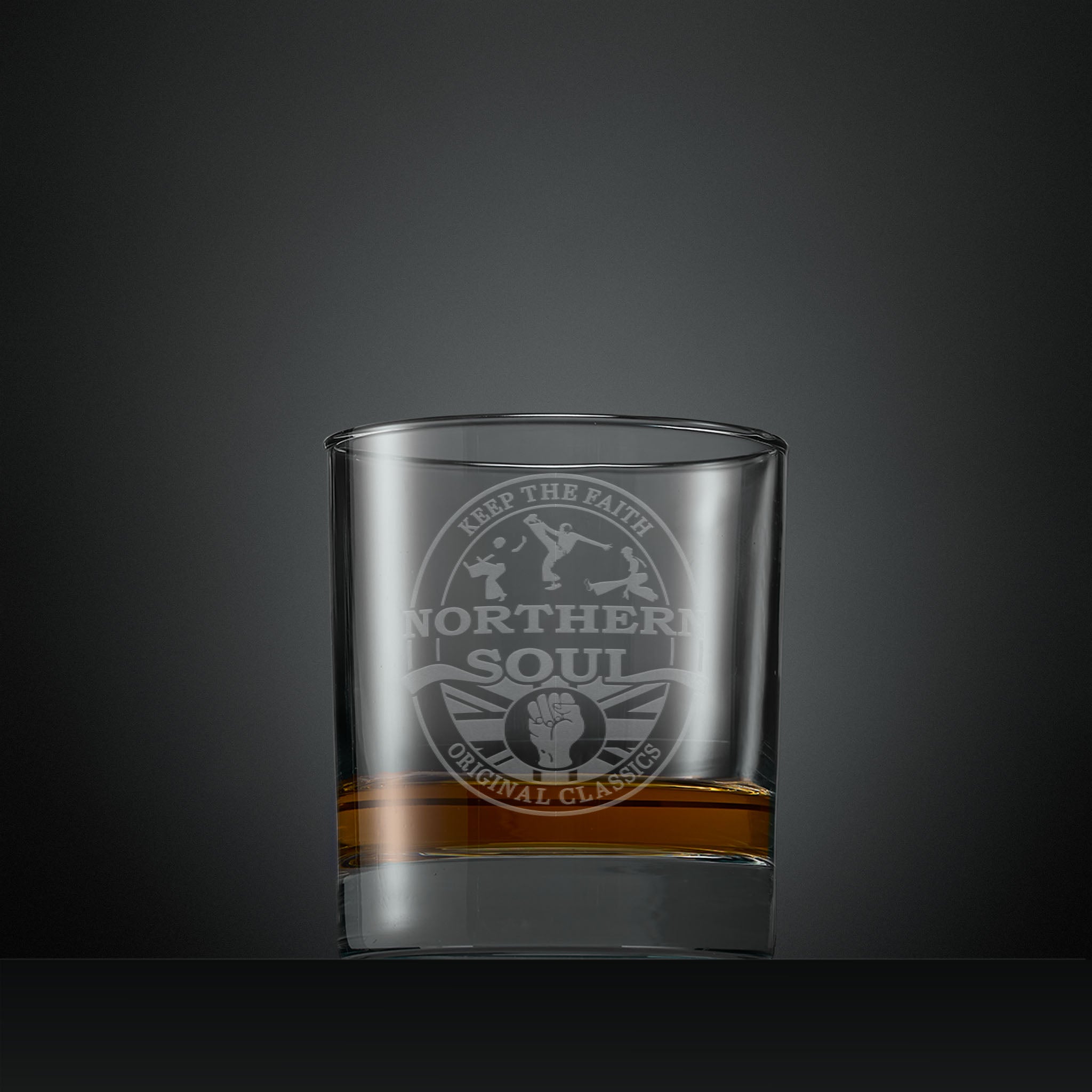 Engraved whisky glass with Northern Soul dancers and clenched fist design
