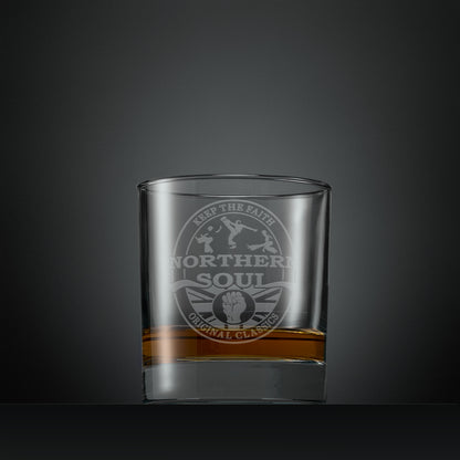 Engraved whisky glass with Northern Soul dancers and clenched fist design