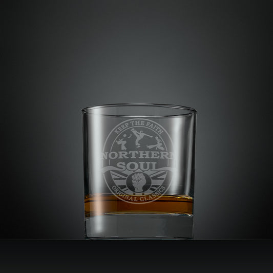 Engraved whisky glass with Northern Soul dancers and clenched fist design