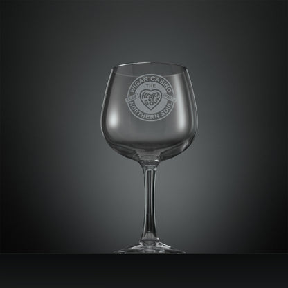 Engraved Copa de Balloon gin glass with wigan casino, heart and soul design