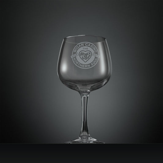 Engraved Copa de Balloon gin glass with wigan casino, heart and soul design