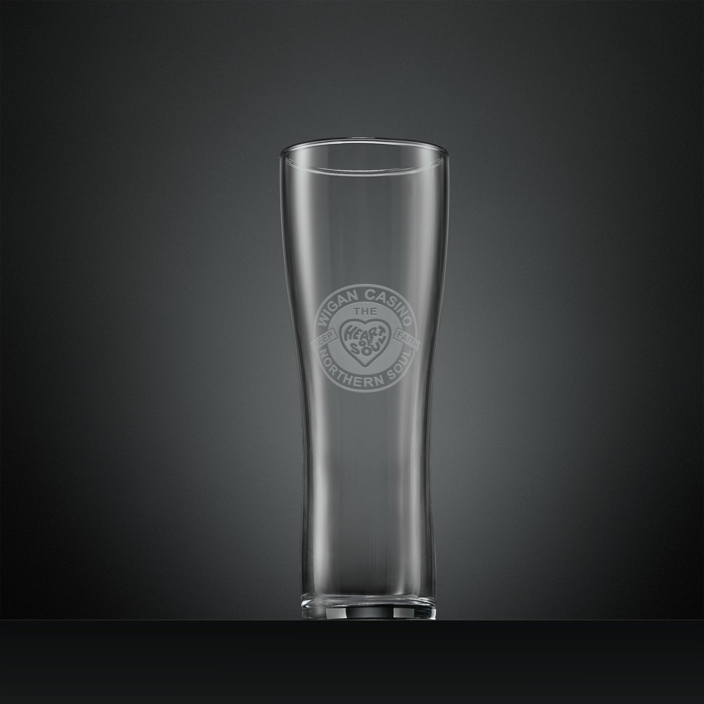 Engraved pint glass with Wigan Casino and heart design