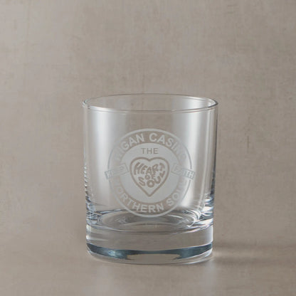 Whisky glass engraved with heart and soul, Northern Soul  Keep The Faith design on a beige background