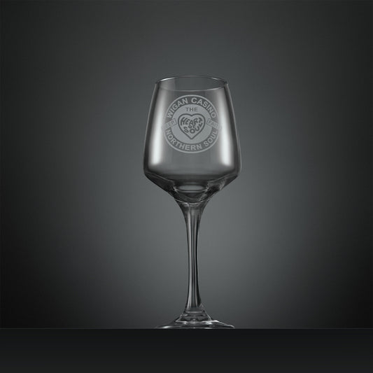 Engraved wine glass with Wigan Casino and heart design