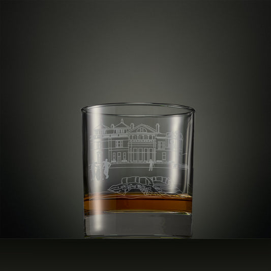 Engraved whisky glass with the Old Course clubhouse at St Andrews illustration