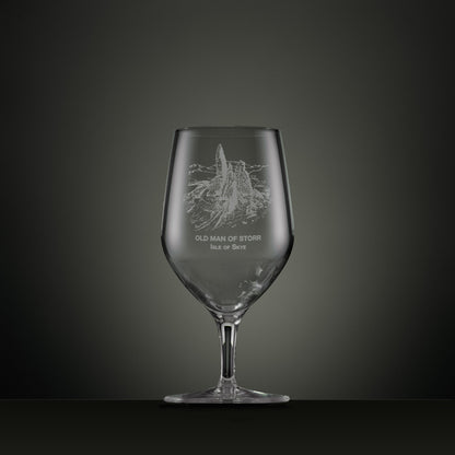 Engraved mineral water glass with the Old Man of Storr and Isle of Skye text.