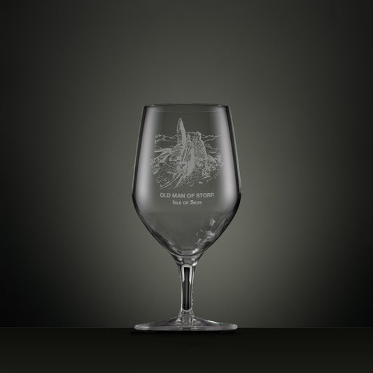 Engraved mineral water glass with the Old Man of Storr and Isle of Skye text.