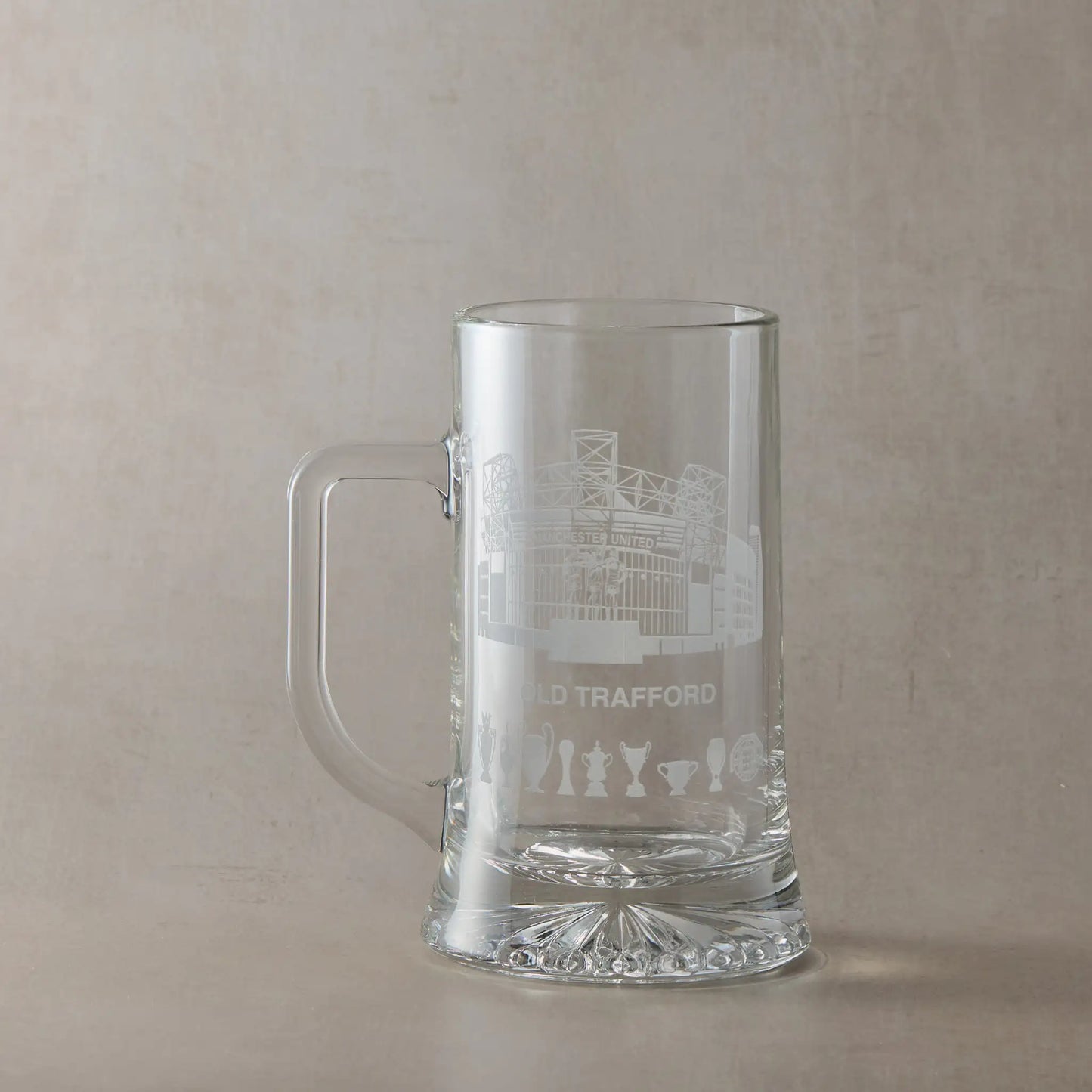 Engraved Football tankard with Old Trafford and trophy engraved design on a light background
