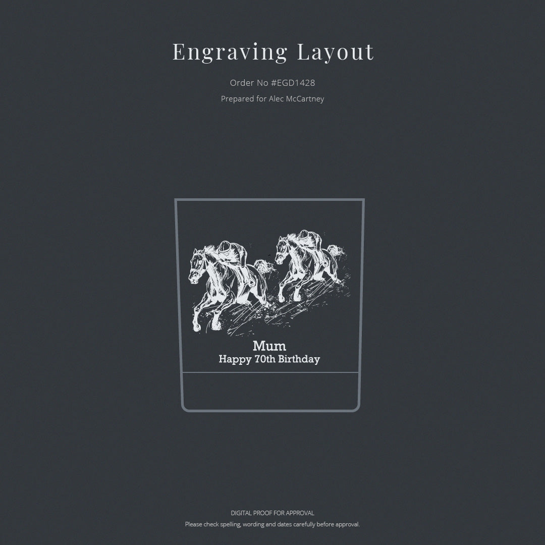 Engraving layout with two horses and text on a dark background