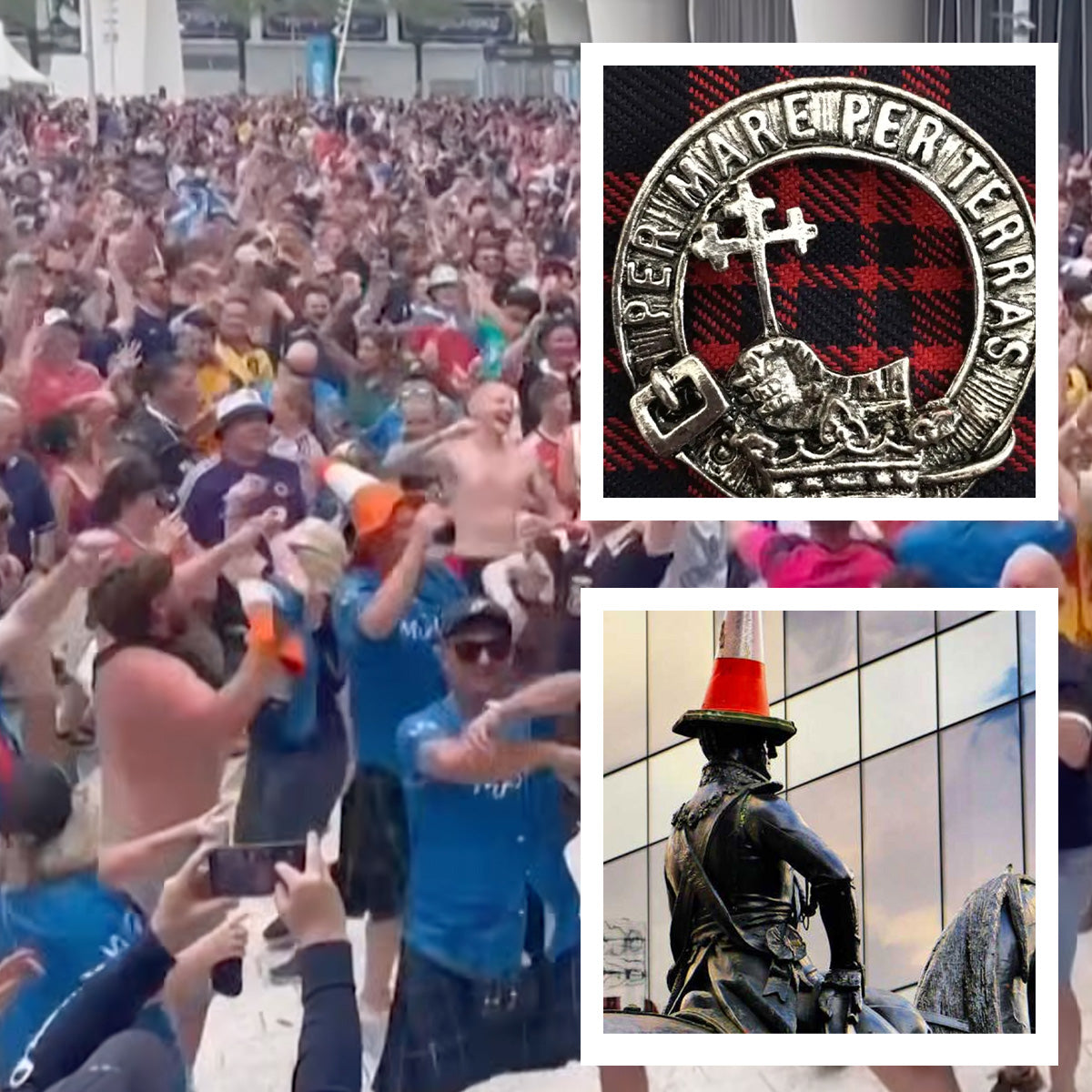 Collage of a crowd, a tartan emblem, and a statue with a red hat submitted for engraving