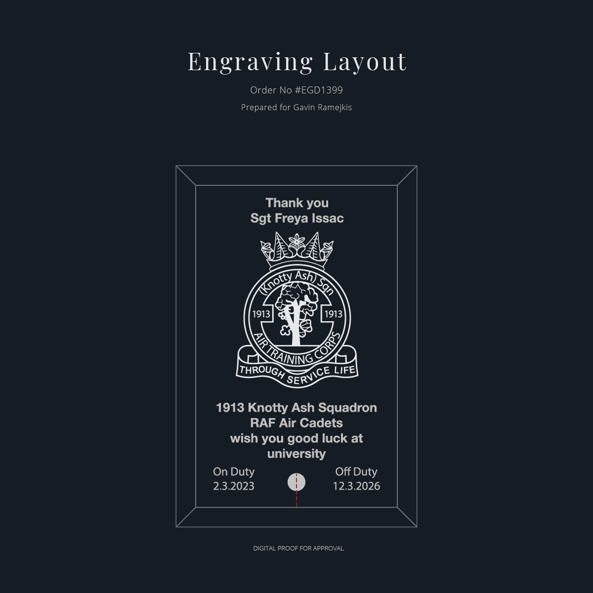 Engraving layout for a personalised glass display plaque with text and logo on a black background